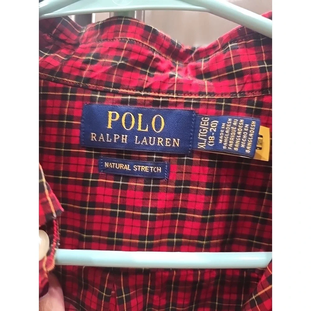 Ralph Lauren‎ Button-Down Boys Shirt Sz 18/20 Red Plaid Cotton Long Sleeve Xmas